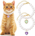 2pcs Cat Pearl Collar with Heart Pendant, Cute Pearl Pet Necklace in Small, Adjustable Wedding Party Small Dog Jewelry Accessories for Puppy Kitten- Green & Purple