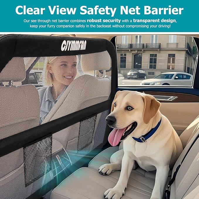 Dog Barrier for Car Back Seat & Cargo Area with Wider Coverage, Universal Fit for Cars, SUVs & Sedans, Dog Car Gate Divider with Chew-Proof Transparent Net and Sturdy Metal Frame for Backseat & Trunk