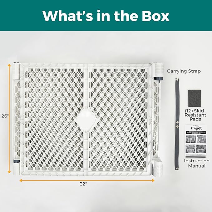 MyPet North States Petyard Plus: 3 Ft. Wide Folding Dog Playpen Indoor or Outdoor. 4-Panel Freestanding Play Pen Dog Gate Made in USA. 26" Tall, Light Gray