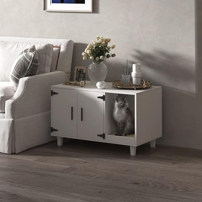 GDLF Modern Wood Pet Crate Cat Washroom Hidden Litter Box Enclosure Furniture House as Table Nightstand with Scratch Pad,Stackable (White)