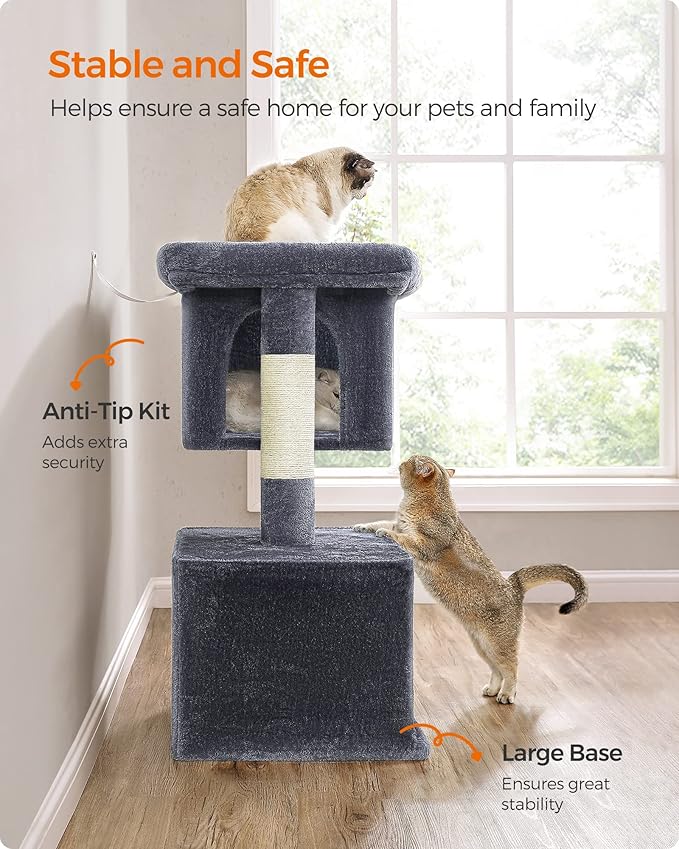 Feandrea Cat Tree, 40.6-Inch Cat Tower, Plush Condo for Extra Large Cats up to 44 lb, Large Perch, 2 Caves, Scratching Post, Smoky Gray UPCT614G01