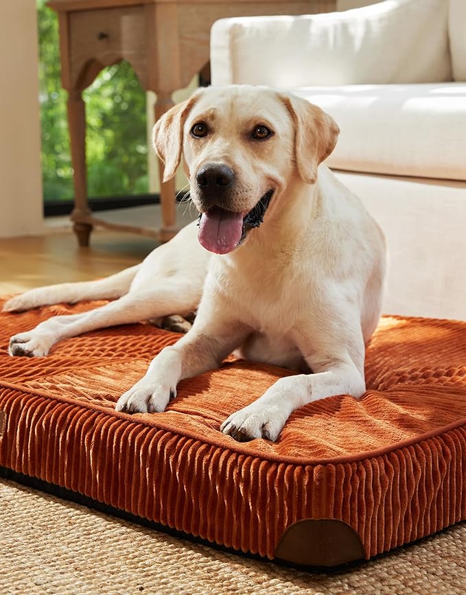 FFUKUMARU Dog Bed, Thickened Corduroy Orthopedic Dog Beds with Washable Cover, XL Waterproof Dogs Bed for Crate, 28D Egg Crate Foam Support Pet Mat, Cozy Pet Bed Pad with Anti-Slip Bottom, Orange
