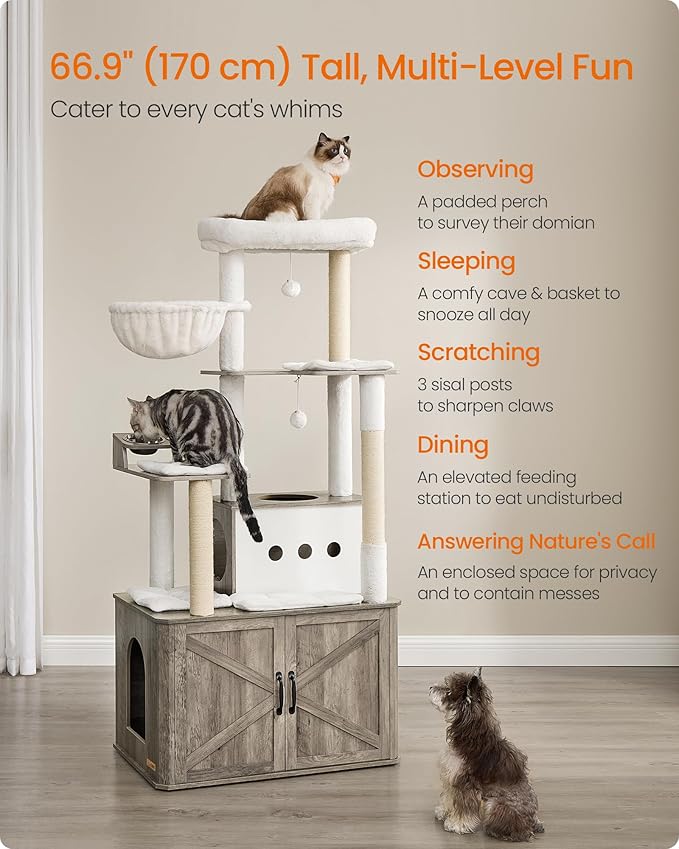 Feandrea Cat Tree, 66.9-Inch Cat Tower with Litter Box Enclosure, Large Condo with Food Station, Storage, Scratching Posts, Cave, Hammock, Washable Cushions, Heather Greige UPCT169K02