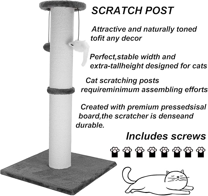 Cat Scratching Post 34 Inches Heavy Duty and Thicker Cat Scratching Post Cotton Rope with Hanging Ball and Mice Scratching Post for Indoor Cats and Adult(Grey)