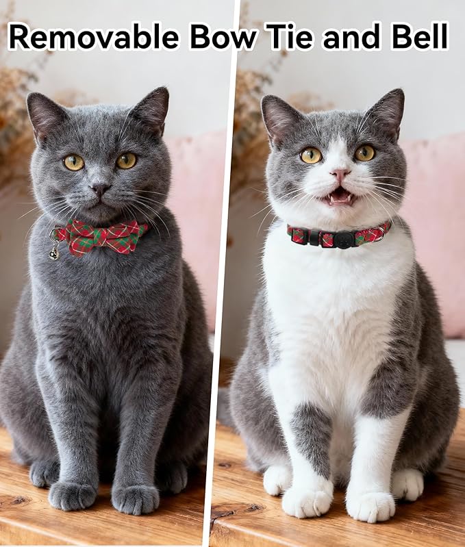 Joytale Upgraded Christmas Cat Collar with Bells, Breakaway Cat Collars with Bow Tie, 1 Pack Girl Boy Safety Plaid Kitten Collars, Red+Green Plaid