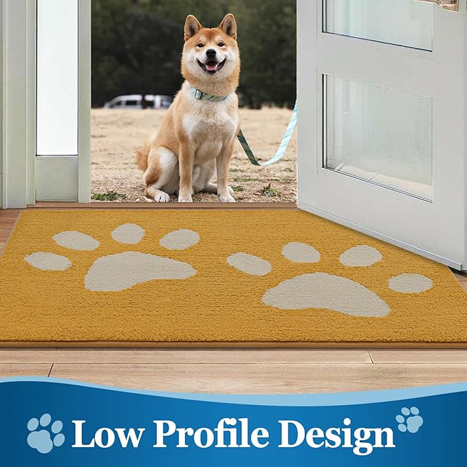 Buganda Dog Door Mat for Muddy Paws, Absorbent Dirt Trapper Washable Indoor Doormats, Non Slip Low-Profile Mud Mat for Dogs, Front Entrance Doormat for Inside Floor (30x20 Inches, Yellow)