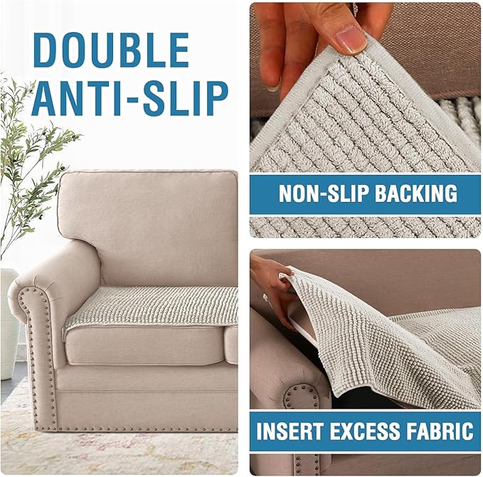 H.VERSAILTEX Plush Chenille Couch Cover for 3 Cushion Couch Anti Slip Washable Sofa Slipcovers Soft and Durable Furniture Protector for Dogs Cats Kids (27.5" x 59", Oatmeal)