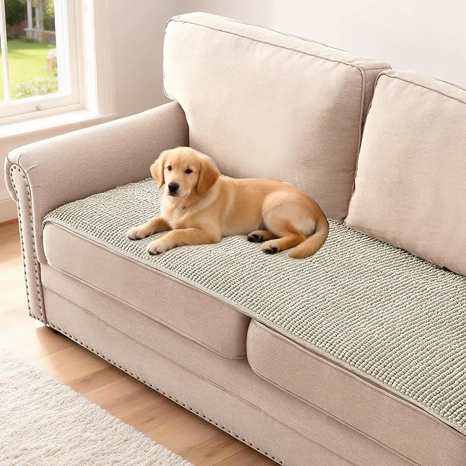 H.VERSAILTEX Plush Chenille Couch Cover for 3 Cushion Couch Anti Slip Washable Sofa Slipcovers Soft and Durable Furniture Protector for Dogs Cats Kids (27.5" x 59", Oatmeal)