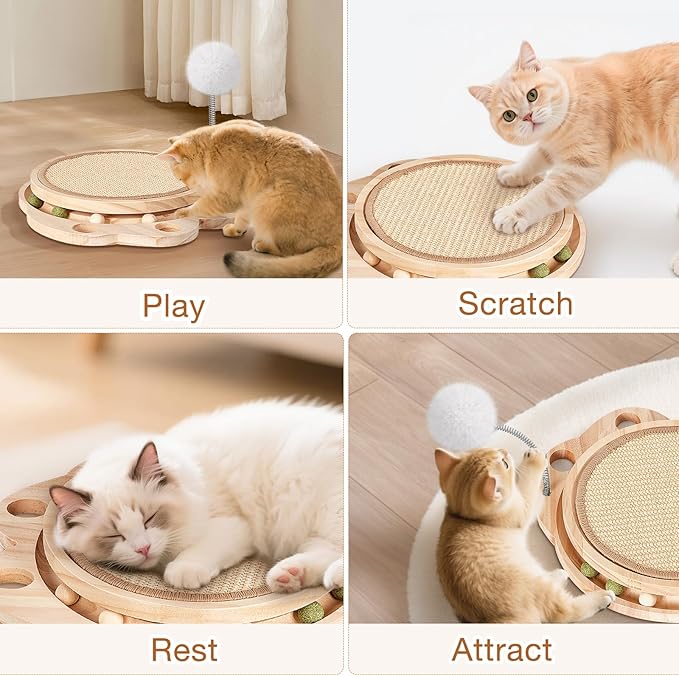 Cat Scratcher-Cat Interactive Toys, Ball Track Toy with Sisal Scratching Pad, 6 Track Balls & 1 Spring Ball – No Assembly Cat Toys and Balls Activity Center for Indoor Cats