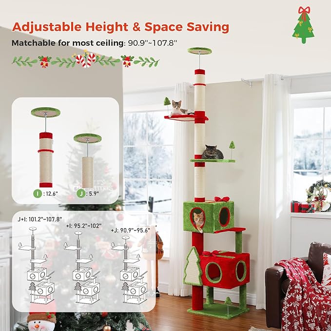 PETEPELA Floor to Ceiling Christmas Cat Tree, Tall Cat Tower (Adjustable Height 90.9-107.8 in) with 2 Large Condos, Scratching Posts & Detachable Cat Toys for Large Adult Cats, Red/Green