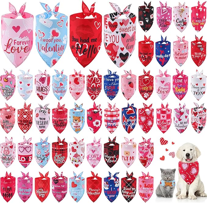 Chunful 50 Pcs Valentine's Day Dog Bandana Bulk with Sayings Pet Triangle Scarf Bibs Washable Puppy Kerchief Adjustable Grooming Supplies for Small Medium Large Dog Cat Accessory