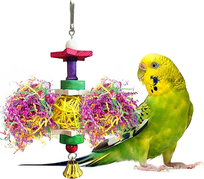 SunGrow Parakeet Toy, Brightly Colored Hanging Toy Made of Rattan, Wood and Shredded Paper, for Small and Medium Parrots, Cockatiels, Lovebirds and Finches (1 Piece)