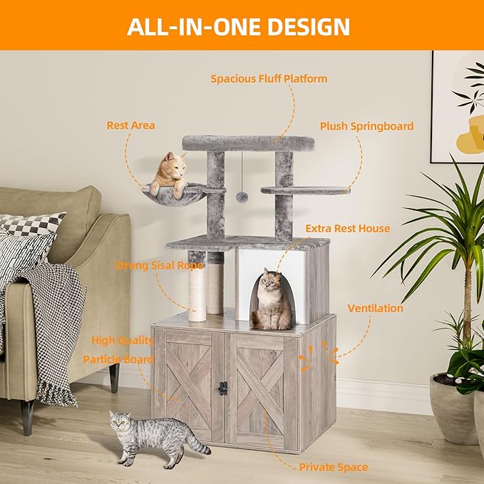 Snughome Cat Litter Box Enclosure with Tree Tower and Condo, Hidden Washroom Furniture with Sisal Scratching Post and Soft Plush Perch, Wooden Cat Furniture with Multiple Platforms, Grey
