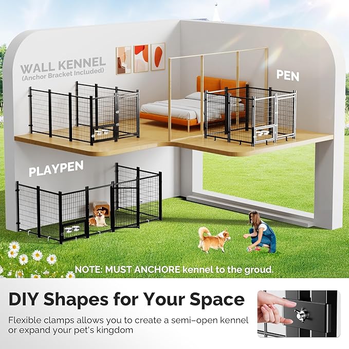 Sino Luban Outdoor Dog Kennel Outside Run with Doggy Door, Swivel Feeder&Roof - 8x4x6FT Large Dog Kennels Pens Outside for Large Dogs Breed- Heavy Duty Cage Yard (Can Connect to Your Dog House)