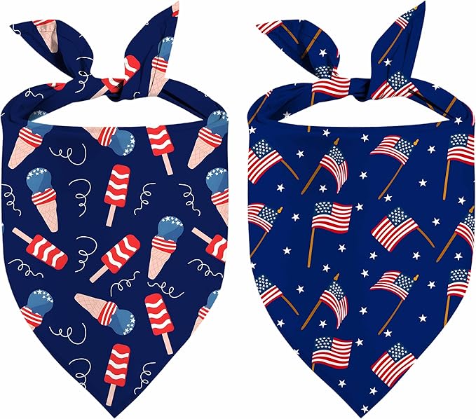 4th of July Dog Bandanas, Patriotic Pet Decorations 2 Pack, Adjustable Independence Day Holiday Party Bandana American Flag Triangle Bibs Cat Scarf Set