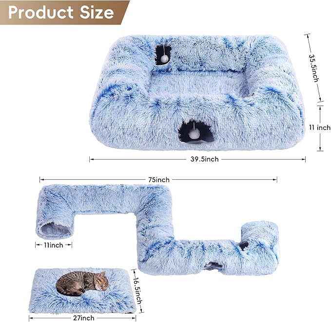 Extra Large Cat Tunnel Bed, 4 Ways Tunnels for Indoor Cats, Multi-cat Family Pet Bed & Cave, Plush Cat Donut with Washable Middle Mat, Exit Balls, Pet Play Toy for Kitten Puppy Rabbit, Blue