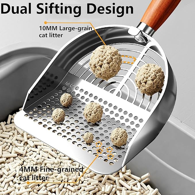 DHXYZZB Cat Litter Scoop 304 Stainless Steel Litter Shovel, Heavy Duty Litter Sifter, Litter Scooper with Wooden Handle Dual Sifting Design Perfect for Cat Litter Box Cleaning