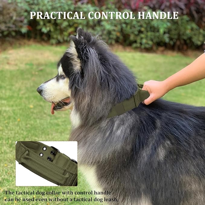 Tactical Dog Collar with Handle, Military Adjustable Heavy Duty Metal Buckle Dog Collars Soft Nylon Training Collar for Medium Large Dogs (Green, Large)