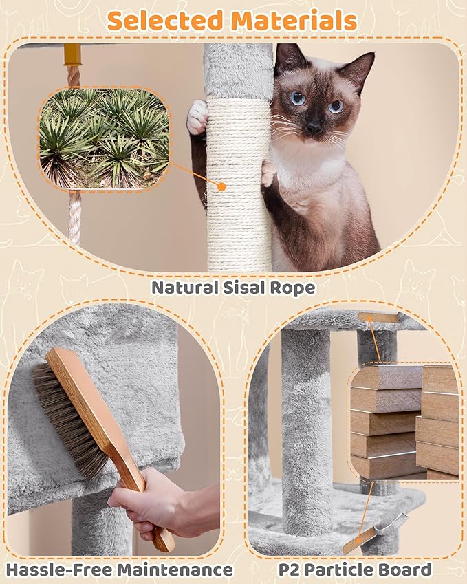 Yaheetech Cat Tree Cat Tower, 63in Multi-Level Kitten Tree for Indoor Kitty, Pet Condo Furniture with Scratching Posts, Large Top Perch, Hammock, Tall Climbing Stand for Kitty Play