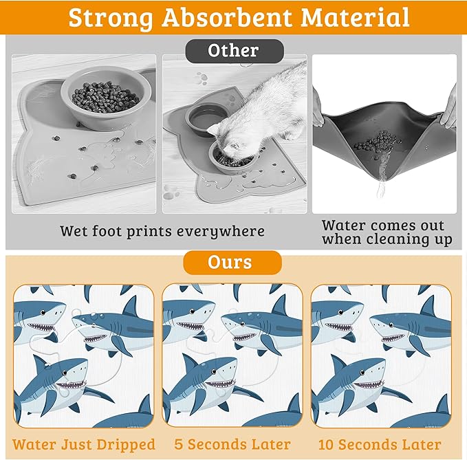 Shark Dog Food Mat,Wild Fish Absorbent Pet Feeding Mat for Food and Water Bowl,Quick Dry Dog Placemat Non Slip Rubber Backing Waterproof Pet Supplies 12" x 20"