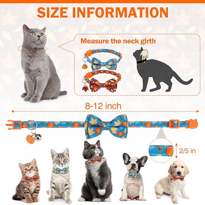 Breakaway Cat Collar Thanksgiving 2 Pack - Fall Pumpkin & Turkey Bow Tie with Bell, Safe Adjustable Kitten Collars for Holiday, Fits Cats and Small Puppies