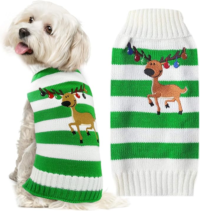 Christmas Dog Sweaters Xmas Pet Outfits Striped Elk Costume Holiday Clothes Gifts Puppy Cat Knitted Jumpers (XS,Green White Stripe Elk)