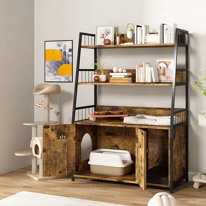 Recaceik Large Cat Litter Box Enclosure with Shelf Storage, Hidden Cat Washroom Furniture, Wooden Cat House with Scratch Pad, Sturdy Indoor Cat Cabinet with 2 Doors, Rustic Brown