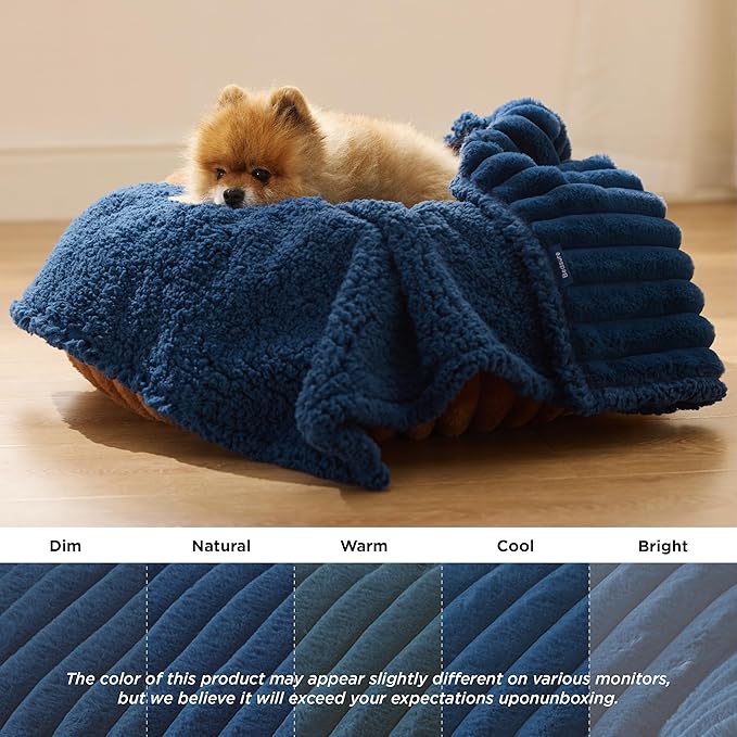 Bedsure ComfyFleece™ Waterproof Dog Blankets for Small Dogs - Soft Puppy Cat Blanket Corduroy Fleece Washable, Cozy Calming Reversible Furniture Protection for Pet Kitten Doggy,25"x35", Navy Blue
