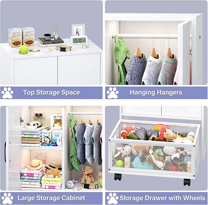 TC-HOMENY Pet Wardrobe Closet with Drawer, Wooden Pet Storage Cabinet with Wheels and Hanging Rods, Dog Closet with Clothes Hanger, Pet Toys Basket, Dog Organization and Storage, Small Wardrobe Closet