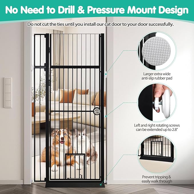 71" Extra Tall Pet Gate with Cat Door, 30"-37.5" Adjustable Wide, No Drill Pressure Mounted Auto-Close Safety Pet Gate Walk Through Safety Cat Gate