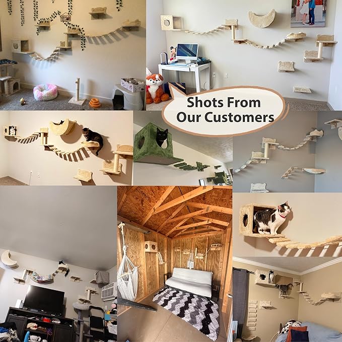 9-in-1 Cat Wall Shelves, Wall Mounted Cats Furniture Set with Plush Fabric, Cat Climbing Wall Systems, Cats Shelf Furniture with Condos, House, Steps, Bridge Ladder, Scratching Post, Beige