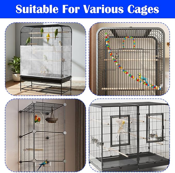 Grevosea Bird Cage Seed Catcher, Large Bird Cage Cover Stretchy Adjustable Nylon Mesh Birds Cages Net Skirt for Parrot Parakeet Macaw African Round Square Cages Accessories (White)