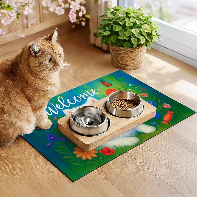 Welcome Spring Pet Feeding Mat 24" x 16"White Dog Floral Design Non Slip Cat and Dog Bowl Mat Easy Clean Pet Mats for Food and Water Fast Dry Pet Food Mat Absorbable Pet Feeding Pad