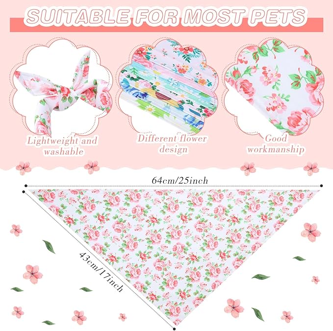 Silkfly 50 Pieces Spring Bandanas for Dog Bulk Adjustable Spring Triangle Scarf with Flower Floral Dog Bandanas Bibs Washable Pet Kerchief for Small Medium Large Pet Cat Costume Accessories Decoration