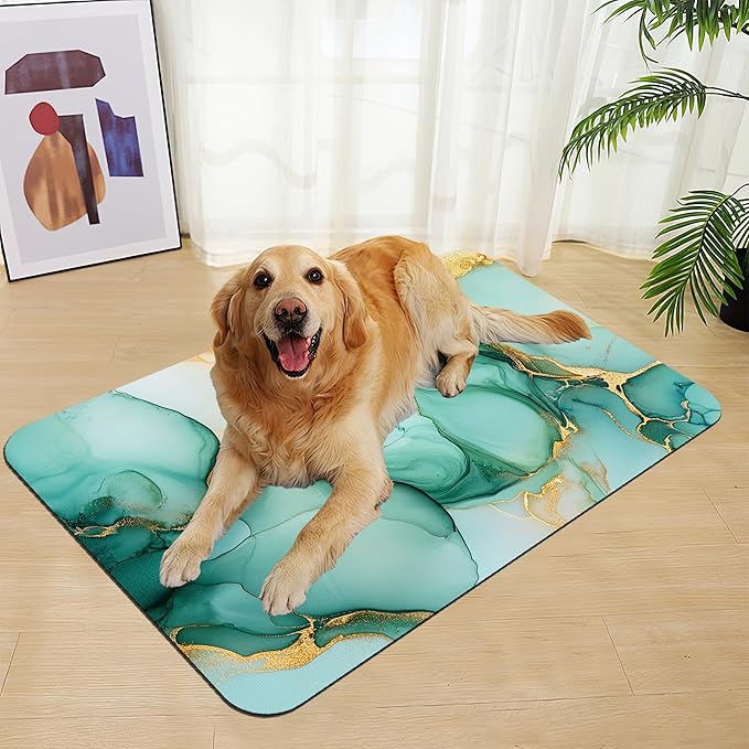 Green Marble Pet Feeding Mat for Floors–Christmas Stocking Absorbent Quick Dry Dog Cat Bowl Mat for Food and Water, Non Slip Waterproof Base, Mess-Free Feeding Accessories 12"x20"
