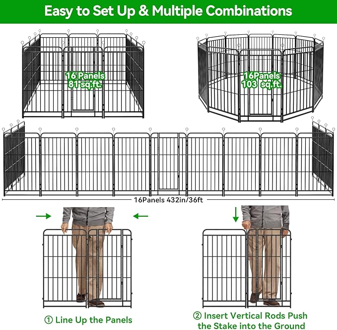 Dog Fence Outdoor 16 Piece Panels 32" Height, Square Steel Pipe with Reinforced Crossbars, Anti-Rust Heavy Duty Dog Playpen with Doors Portable for Yard RV Camping, Total 36FT, 103 Sq.ft, Snowy Black
