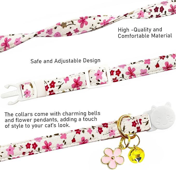 2 Pack Cotton Breakaway Cat Collars Set with Bell and Flower Pendant, Cute Floral Fruit Patterned, Adjustable 7.5-11Inch, Include A Mouse Toy Gift (Vintage+ Small Pink Flower)