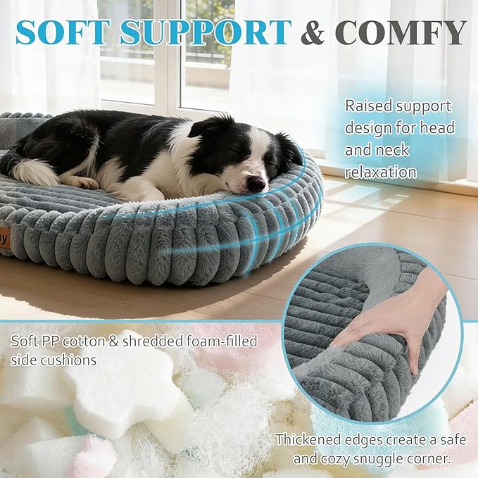 Orthopedic Dog Bed for Extra Large Dogs, Comfort-Sided Calming Pet Bed Couch with Breathable Memory Foam, Plush Faux Rabbit Fur & Anti-Slip Bottom, Machine Washable, 43"x31"x5.5", Grey