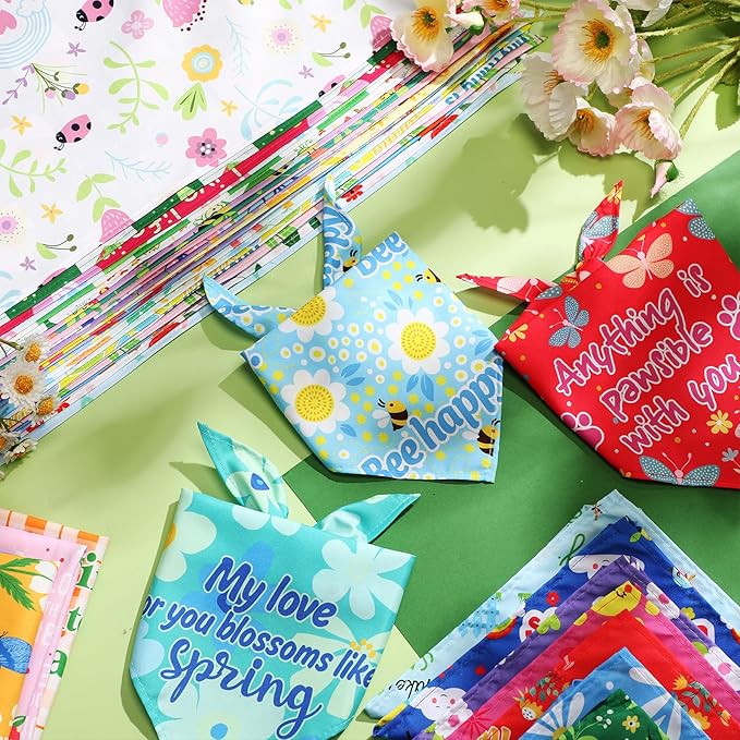 Chunful 50 Pcs Spring Dog Bandanas Floral Dog Bibs Seasonal Pet Costume Adjustable Cat Puppy Spring Outfit Cute Washable Triangle Scarf Kerchief for Small to Medium Pet