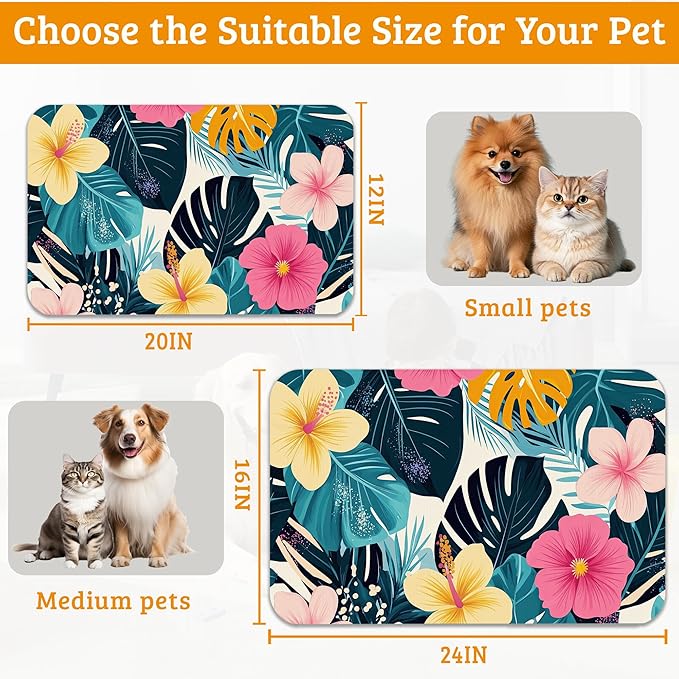 Tropical Palm Dog Food Mat,Exotic Leaves Floral Absorbent Pet Feeding Mat for Food and Water Bowl,Quick Dry Dog Placemat Non Slip Rubber Backing Waterproof Pet Supplies 16" x 24"