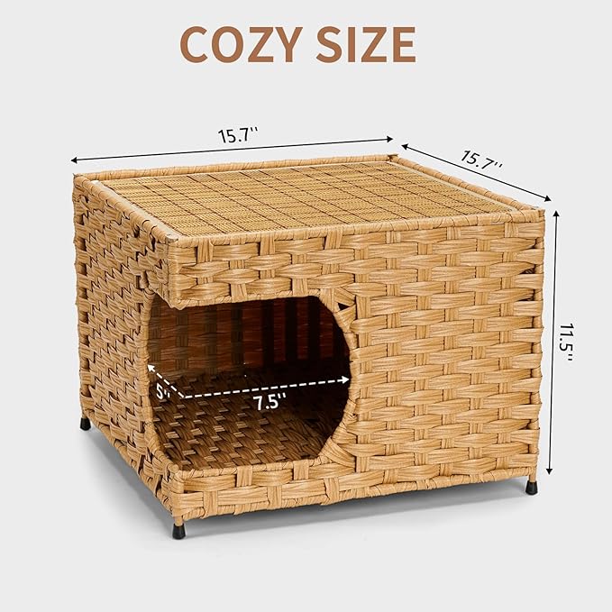 Cat House for Indoor Cats - Wicker Cat Bed with Double-Sided Soft Cushion, Decorative Handwoven Pet Bed Furniture