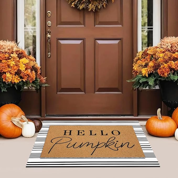 Tinideya 2 Pcs Door Mat Welcome Non Slip Coir Mats Floor Layering Doormats Seasonal for Front Porch Entryway Decor(Hello Pumpkin)