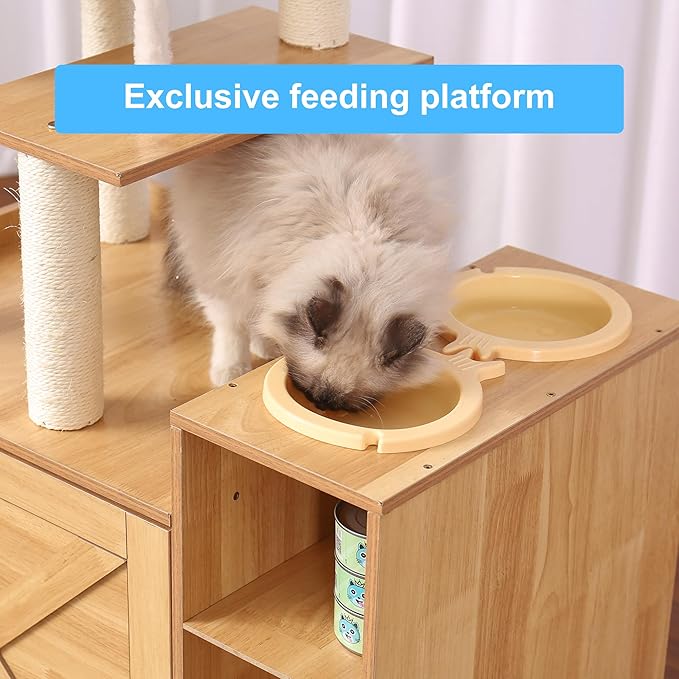 Hey-brother Cat Tree with Litter Box Enclosure, Modern Cat Tower for Indoor Cats with Large Platform, Condo Food Station and 2 Hammocks, All-in-one Cat Furniture, Wood Walnut MPJ115WB