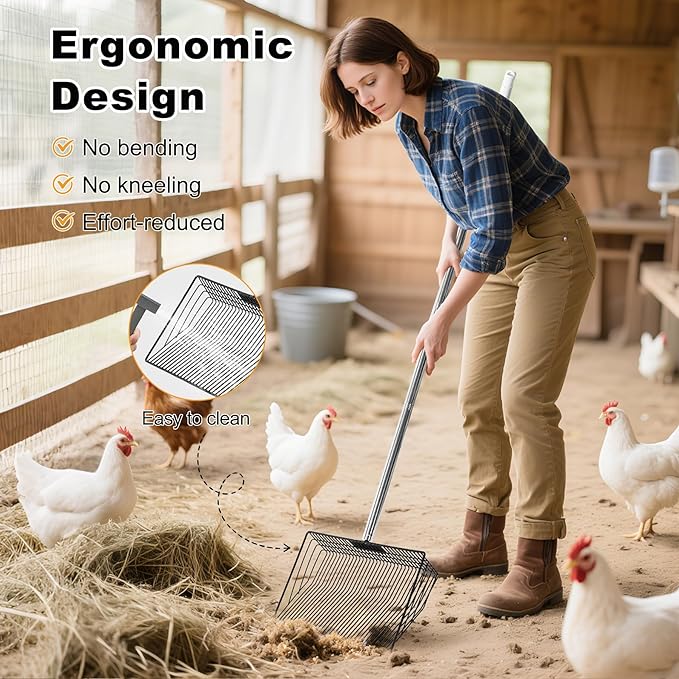 Chicken Poop Scooper & Rake 2-in-1, 304 Stainless Steel Shovel Head, Chicken Litter Scoop for Chicken Coop & Pet Waste Cleaning, Cleaning Tools for Chicken Coops & Farm Animals Scoop