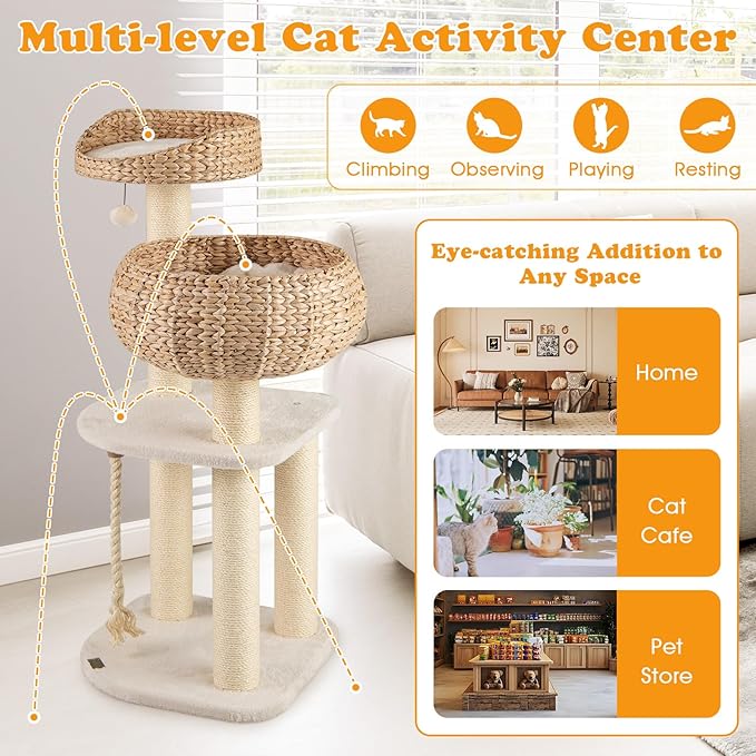 PETSITE 41 Inch Modern Cat Tree for Indoor Cats, Multi-Level Cute Cat Tree with Scratching Posts, Hand-Made Wicker Cat Condo & Top Perch, Dangling Ball, and Sisal Rope, Beige