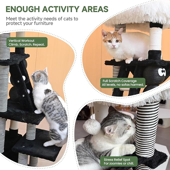 Cat Tree, 50.7in Multi-Level Cat Tower with Scratching Posts, Perch, Hammock and Hideaway condo, Indoor Cat Activity Center with Fun Cartoon Design, Black