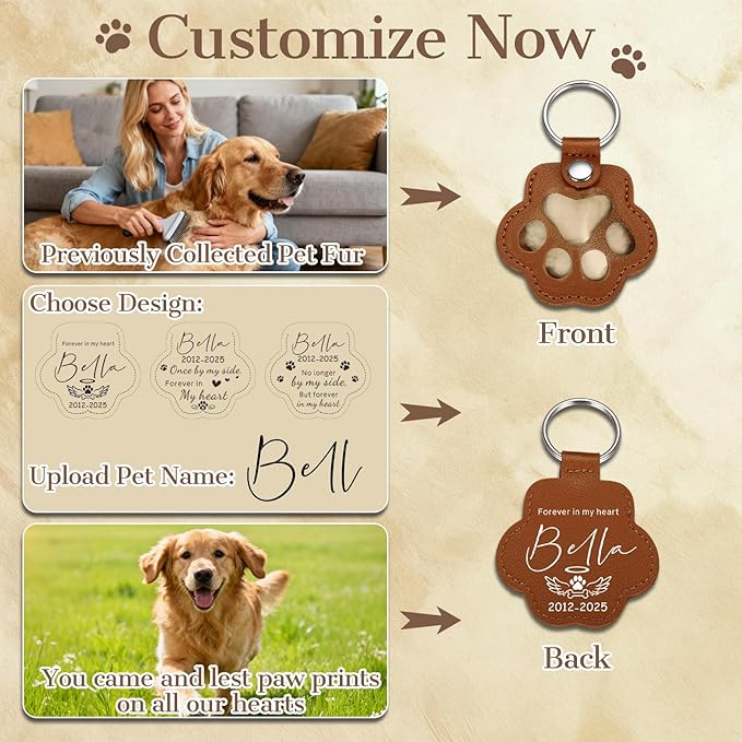 Eunigem Personalized Pet Hair Keychain for Dogs Cats-Custom Paw Keychains for Dog Hair-Shaped Leather Keychain,Pet Memorial Gifts Remembrance Accessory Refillable Keepsake for Bag or Key (Color-4)