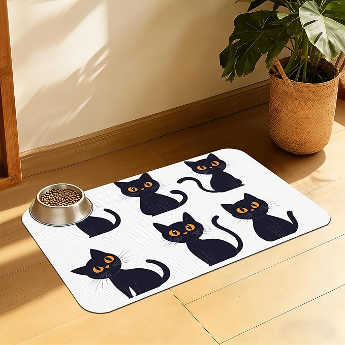 Cute Black Cats Pet Feeding Mat, Absorbent Dog and Cat Bowl Pad, Fast Dry, Non-Slip Back – 12x20 Inch