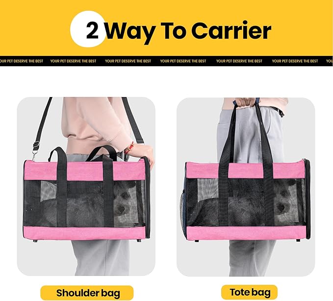 Cat Carrier Airline Approved, Soft-Sided Dog Carrier with Inner Safety Leash, Pet Transport Carrier for Small-Medium Cats Puppies up to 15 Lbs, Collapsible Travel Kitten Carrier Bag -Pink M