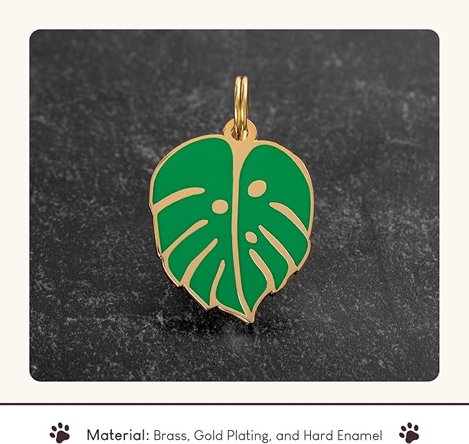 Two Tails Pet Company Personalized 'Monstera Leaf' Pet ID Tag & Collar Charm - Custom Engraved Dog Tags for Pets - Luxury Brass, Gold Plating